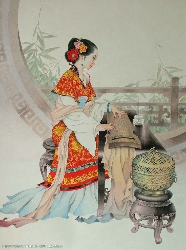 古筝文化媚娘抚琴图片
