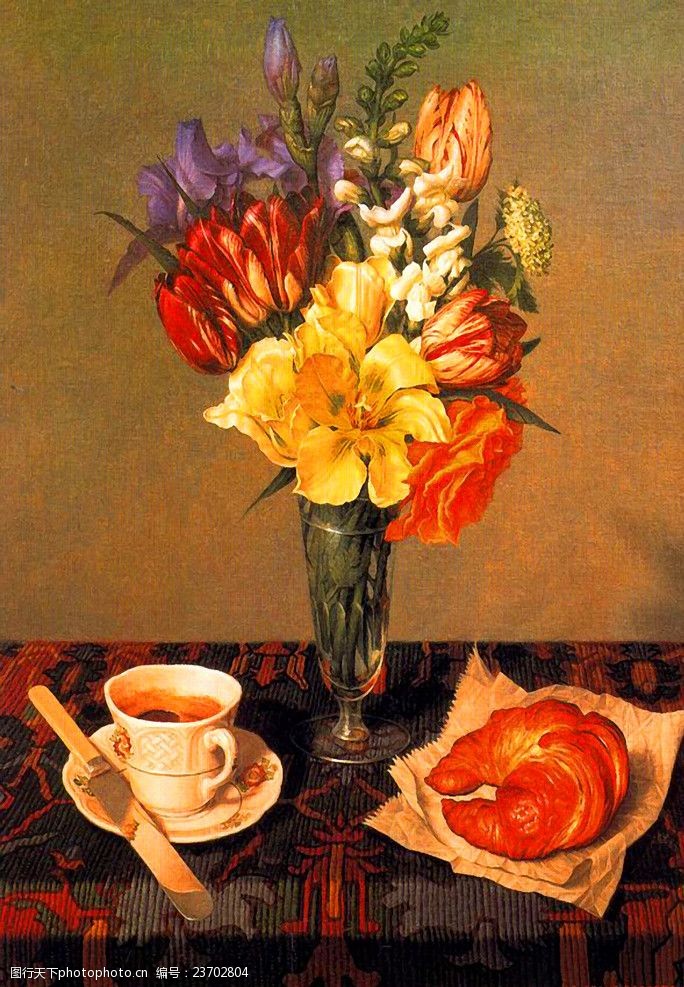咖啡写真油画早餐与花瓶