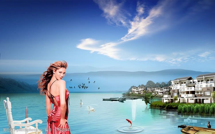 蓝色海洋美女广告天鹅湖地产广告图片